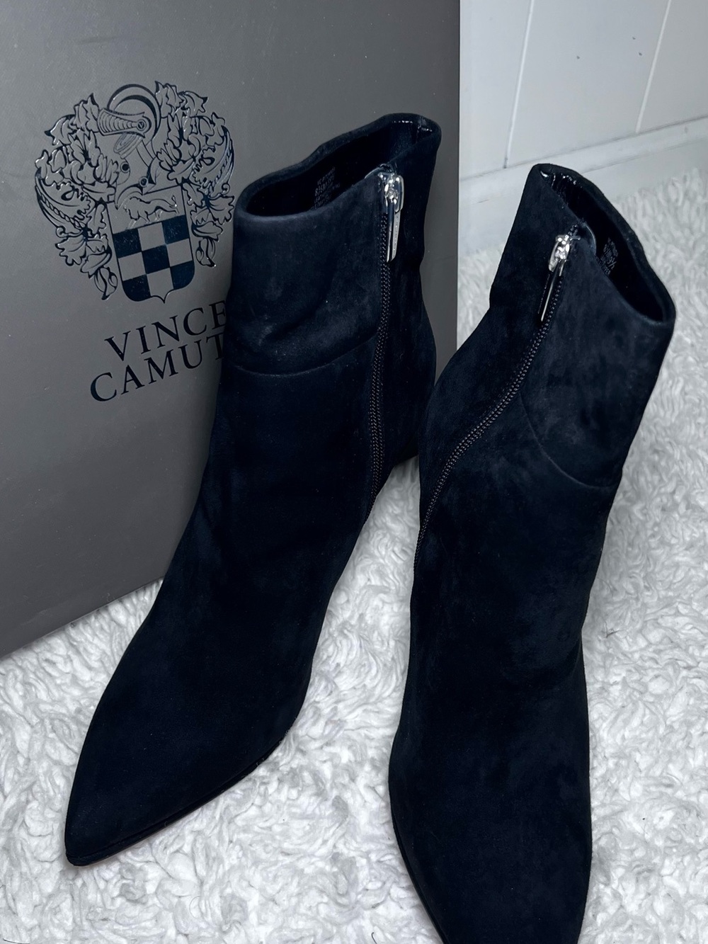 Vince Camuto Black Suede Pointed Toe Ankle Booties with Side Zip